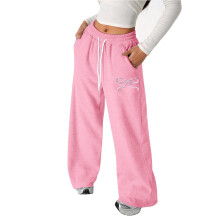 Girls Bow Drawstring Pants Loose Fit Lightweight Straight Leg Athletic Casual Joggers for Play and Everyday Comfort,Z04 Pink,10-11 Years