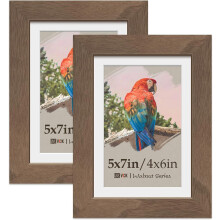 5x7 Picture Frame 2 Pack, Natural Wood Grain Brown Walnut & HD Glass, Display 4x6 Photos with Mat or 5x7 without Mat, Tabletop or Wall Hanging