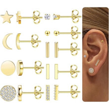 9 Pairs Stainless Steel Stud Earrings Set, CZ & Star Moon Bar Designs, Hypoallergenic Ear Studs for Sensitive Ears, Ideal for Gift & Daily Use
