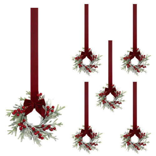 Mini Christmas Wreaths Artificial Pine with Red Bow 6PC