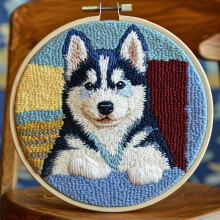 Cartoon Baby Husky Dog Punch Needle Kit for Beginners – DIY Yarn Embroidery Set with Printed Pattern, Hoop & 20x20cm Canvas – Compatible with