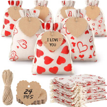 24 sachets à cordon en toile de jute en forme de cœur (5 x 7 pouces) + étiquettes kraft – Bonbons de Saint-Valentin, loisirs créatifs, cadeaux