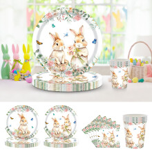 Service de table pour Pâques (20 pièces) : 20 gobelets en carton, 20 petites assiettes, 20 grandes assiettes et 20 serviettes. Idéal pour