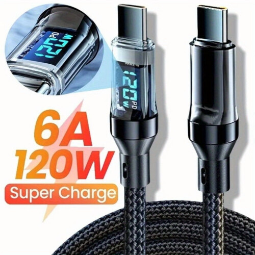 Καλώδιο USB-C σε USB-C, Γρήγορη φόρτιση 120W/6A με οθόνη LED, Πλεγμένο από νάιλον, Συμβατό με
