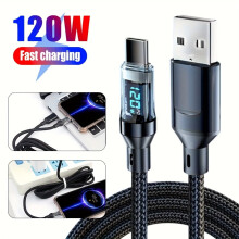 Cabo USB-A para Tipo-C de 120 W com visor LED, acabamento fosco, 6 A, sincronização de dados, USB PD, compatível com iPhone 15/16, Xiaomi e POCO.