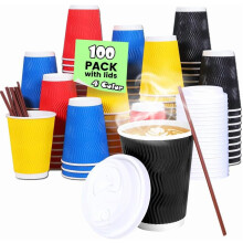 12 oz Insulated Ripple Wall Coffee Cups 100 Pack with Lids & Straws – Compatible with Hot Drinks, 4 Colors
