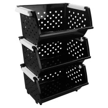 Lot de 3 paniers de rangement empilables en plastique noir