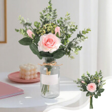 Bouquet de roses artificielles | Composition florale en soie pour mariage et décoration intérieure | Couleurs : blanc, rose, jaune et vert | Centre