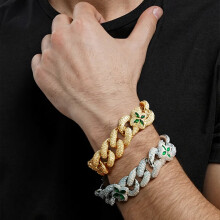 Βραχιόλι Miami Cuban Link Iced Out, Αλυσίδα Τετράφυλλης Ζιργκόν από Χάλκινο, Χρυσό και