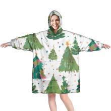 Wearable Oversized Blanket Hoodie, White Christmas Watercolor Tree Pattern, Cozy Fuzzy Pullover with Super Pockets – Compatible with All Adults