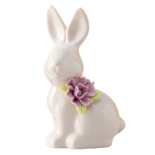 1 statuetta in ceramica a forma di coniglio pasquale con fiore – Decorazione primaverile per la casa e per la Pasqua, compatibile con temi pasquali