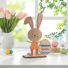 Decorazione da tavola pasquale stereoscopica in legno con motivo di conigli e uova, ideale per festività e feste, 3,94 x 5,91 pollici.