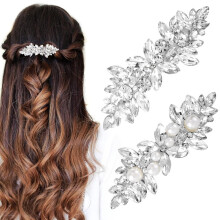 2Pcs Silver Hair Clips for Women, Glam Rhinestone and Pearl Barrettes, Non-Slip Metal Alloy Hairpins for Thick Long Hair Daily Styling Party