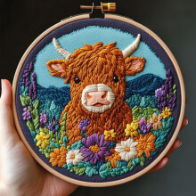 DIY Punch Needle Kit: Little Highland Cow in Flowers, Easy for Beginners, Includes Printed Pattern & Hoop (20x20cm) – Home Decor