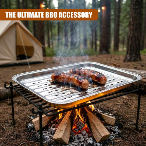 GEEZY GEEZY Stainless Steel BBQ Grill Tray Rectangular Metal Basket Cooking Accessories 34cm 2