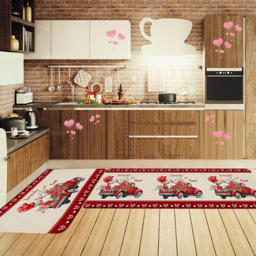 Red Heart Kitchen Rug Set – Anti-Fatigue Runner Mat Pair 1