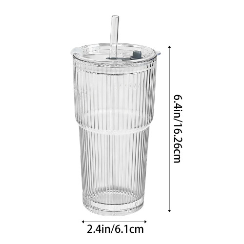 Γυάλινο ποτήρι καφέ 16oz με καπάκι και καλαμάκι, ποτήρι με παχιά κάθετη ρίγα, λευκό 1