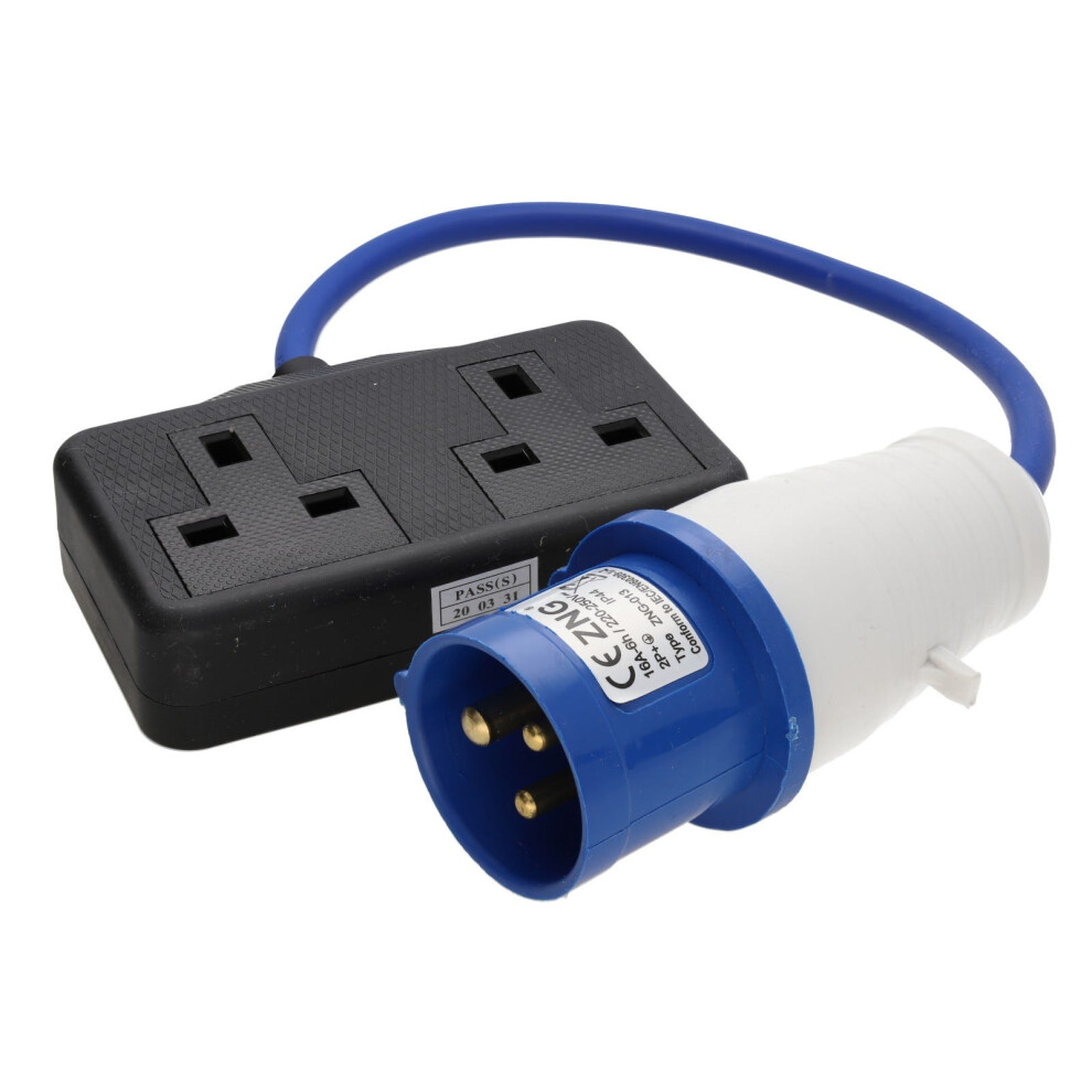 Kenable Caravan Site Power Plug 240V Cee 16A To 13A Uk Dual Sockets Adapter Cable Blue