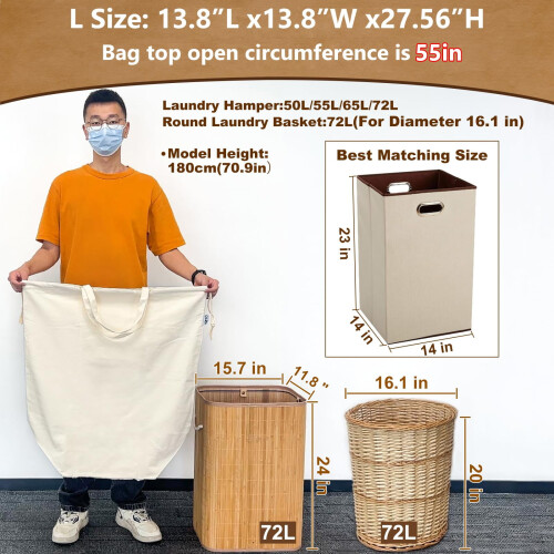 Forro de lona bege para cesto de roupa suja, 35 x 35 cm (13,8 x 13,8 polegadas) 1