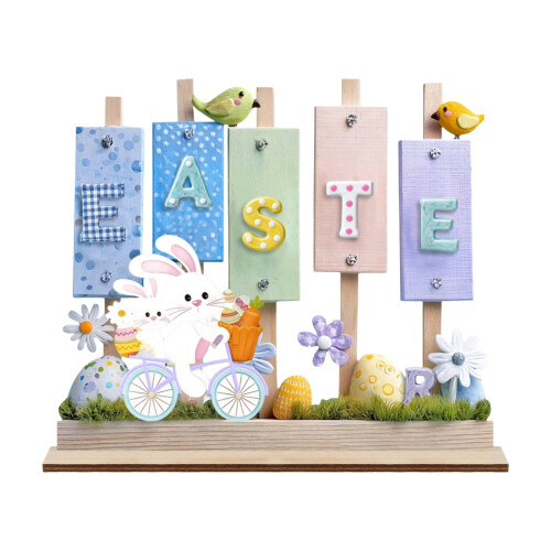 Panneau de table en bois de Pâques, lapin maman bébé fleurs œufs
