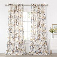 Floor to Ceiling Linen Floral Curtains, 95", 2 Pcs Semi-Sheer Light Filtering Grommet Curtains, Yellow, Farmhouse Flower Print, Compatible with