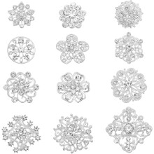 Kit de broches de diamantes de imitación transparentes con forma de flor, corona y estrella (12 piezas)