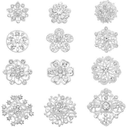 Ensemble de 12 broches en strass transparent argentées