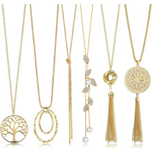6-teiliges langes Halskettenset für Damen: Kreis, Quaste, Stab,