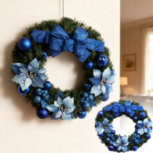 16" European-American Style Christmas Wreath, Greenery for Door/Window/Mantel, Indoor/Outdoor, Blue – 40x40cm, Compatible with Holiday Decor