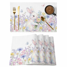 Juego de 4 manteles individuales de conejito de Pascua con estampado floral azul y rosa