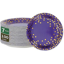 Purple & Gold 7" Dessert Plates, Foil Polka Dots – 100 pcs for Birthdays, Graduation, Mardi Gras, Bridal Parties