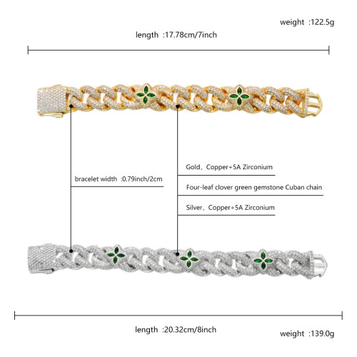Βραχιόλι Miami Cuban Link Iced Out, Αλυσίδα Τετράφυλλης Ζιργκόν από Χάλκινο, Χρυσό και 1