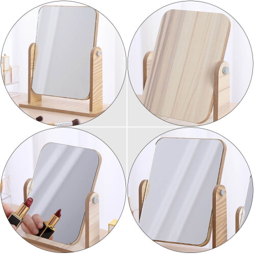 Home Table Mirror Wooden Rotatable Design with Fine Workmanship for Makeup Decor 2