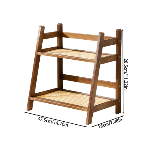 Wooden Rattan Double-Layer Desktop Storage Rack Brown 2