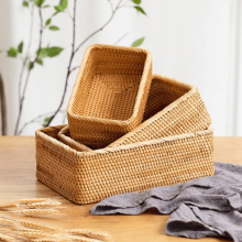Natural Rattan Storage Baskets, Rectangular Woven Fruit Baskets, Decorative Wicker Basket and Small Baskets for Organizing (Set of 3)