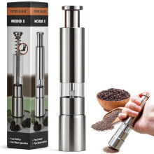 Stainless Steel Salt & Pepper Grinder Set – Manual Thumb-Press, Refillable, One-Handed, with Stand, Compatible with Kitchen & Dining