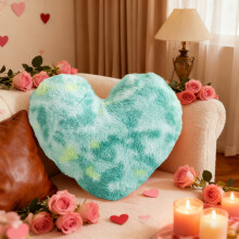 Fluffy Heart-Shaped Pillow, Tie-Dye Plush Cushion for Bed/Couch, Mint Green, 16x20 in