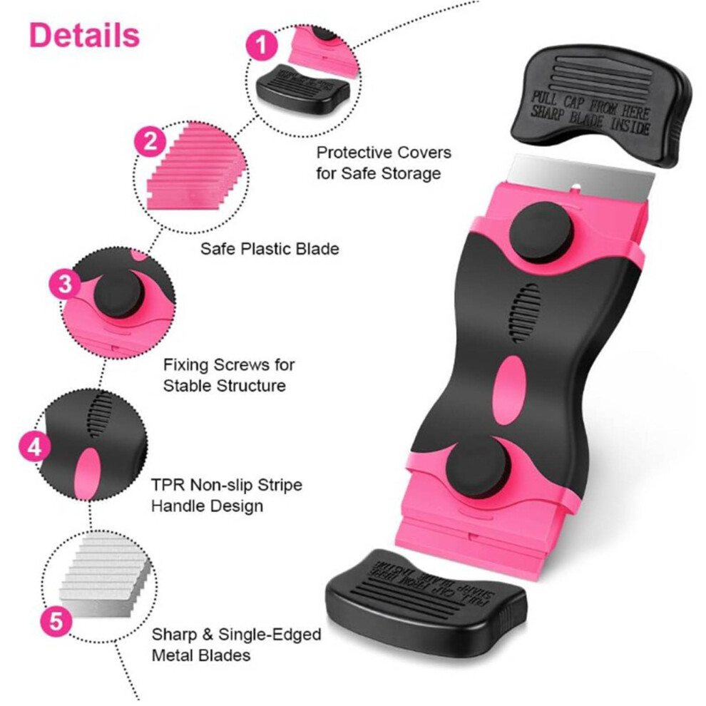 (Pink, 1 Shovel 10Pc Plastic Blade 10Pc Metal Blade) Metal & Plastic Razor Scrapers For Cooktop Cleaning 6017806873367