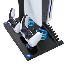 Base de refrigeración y carga 6 en 1 para PS5 con cargador doble, soporte para auriculares y bandeja para discos – Compatible con las ediciones