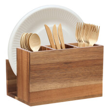 Organizador de cubiertos de madera con servilletero y 3 compartimentos.