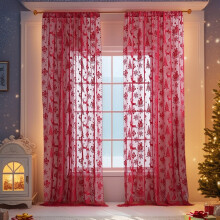 Christmas Sheer Curtains 39"x55", Set of 2 Panels, Red Holiday Window Drapes for Living Room & Bedroom – Compatible with standard rods
