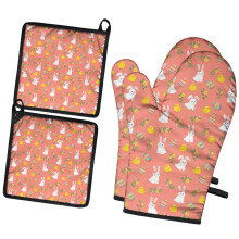 Juego de 2 piezas: guante de cocina y agarradera con forma de huevo de Pascua color coral.