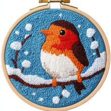 DIY Punch Needle Kit: Cute Robin Bird on Berry Tree – Easy for Beginners, Includes Hoop & Yarn, 20x20cm Embroidery Set for Craft Lovers