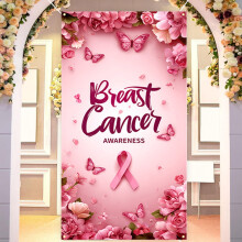 Banner de ușă cu panglică roz, poliester, pentru conștientizarea cancerului la sân1