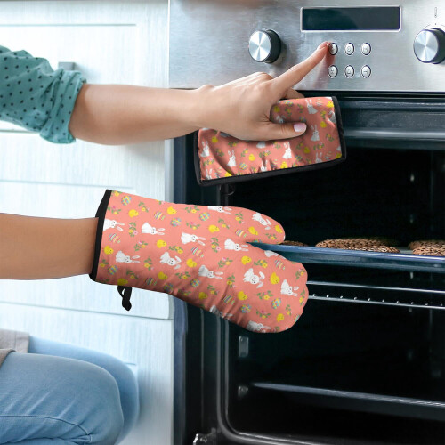 Ensemble de 2 maniques et gants de cuisine en forme d'œuf de Pâques corail 1