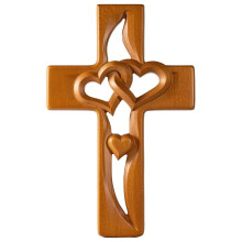 Hand-carved wood cross with intertwined hearts, coffee brown—wall decor for weddings & love walls. Compatible with wedding-style gifting.
