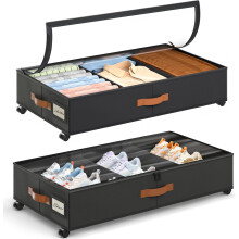CNF Under Bed Storage Bins with Wheels, 2 Pack, Adjustable Dividers & Clear Window, Rolling Organizer for Clothes/Shoes/Blankets, Black