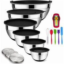 20PC Stainless Steel Mixing Bowls Set with Airtight Lids, Nesting, 3 Graters, Non-Slip Bottoms (7,4,3,2,1.5,1QT)