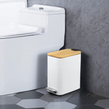 1.3Gal White Slim Bathroom Trash Can Bamboo Lid Foot Pedal Soft Close for Home Office Users