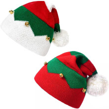 Weihnachtsmütze, gestrickte Elfenmütze, gestreifte Weihnachtsmütze mit Glöckchen, dicke Samt-Weihnachtsmütze für Erwachsene, Damen und Herren,